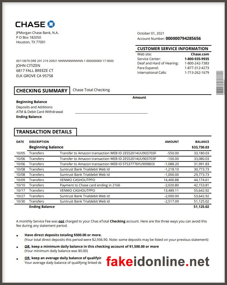 Chase Editable Word Bank Statement
